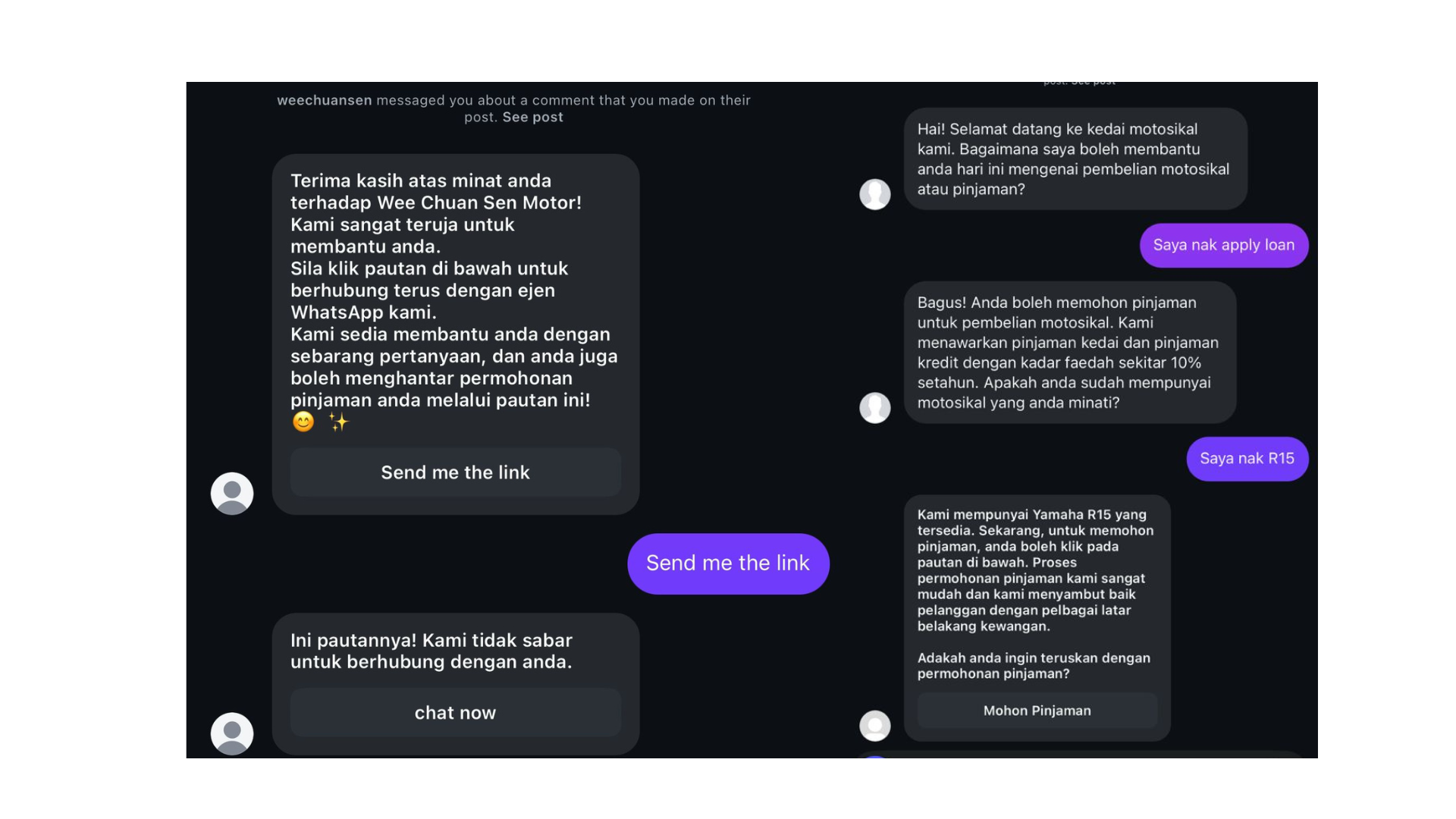 Vehicle Sales Chat Demo showing lead generation, loan applications, and pricing
